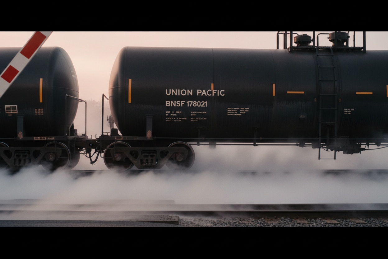 Cinematic side-on view of a freight rail tanker in motion